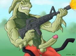 absurd_res ar-15 balls bottomwear clothing dinosaur epic_games erection fortnite genitals gun hi_res humanoid_genitalia humanoid_penis hybrid hybrid_(fortnite) male male_only muscular penis red_clothing reptile scalie shorts solo video_games