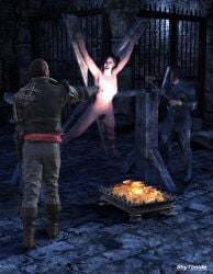 1girls 2boys 3d black_hair bondage bound_ankles bound_wrists clothed_male_nude_female completely_nude completely_nude_female nude nude_female only_one_naked saint_andrew's_cross shytimide the_witcher_(series) torture yennefer