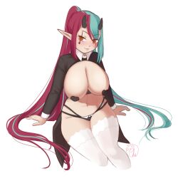 1girls big_breasts black_heart_pasties black_pasties blue_hair chu_ghost french_virtual_youtuber heart_pasties horn long_ears long_hair multicolored_hair pasties pink_hair thick_thighs virtual_youtuber