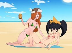 2girls ashley_(warioware) beach bikini black_hair disney_channel embarrassed female female_only freckles gravity_falls hat humiliation imminent_death killer_lotion long_hair lotion_bottle mario_(series) massage nintendo on_back peril punishment reclining red_eyes red_hair rodjim rubbing sitting snuff summer sunbathing swimsuit towel twintails warioware wendy_corduroy