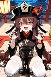 absurd_res absurd_resolution absurdres bangs black_nails blush blush brown_hair china_dress chinese_clothes claw_pose cute_fang eyelashes fangs flower from_above full_body genshin_impact hat hi_res high_quality high_resolution highres hu_tao_(genshin_impact) jewelry long_hair looking_at_viewer mary_janes mesugaki panties red_eyes shaded_face skindentation small_breasts smug squatting sweat sweating symbol-shaped_pupils thighhighs thighs twintails velutinx white_thighhighs wide_hips