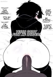 2boys ahoge ai_generated all_fours anal anal_juice anal_sex anus ass big_penis black_hair black_hoodie black_thighhighs blush caption dark-skinned_male dialogue doggy_style doomer_boy english_text eyeshadow femboy from_behind gay gay_sex interracial large_penis looking_back mahiroka messy_hair monochrome nervous on_bed one_eye_obstructed out_of_frame pale-skinned_male pale_skin pink_anus self_upload shiny_skin skindentation spot_color sweat sweatdrop thick_thighs thighhighs unseen_male_face veiny_penis white_background yaoi