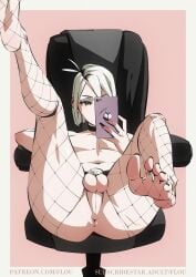 1boy 1femboy anus ass balls chastity_cage choker feet femboy fishnet_legwear fishnets flou flou_(character) foot_fetish gray_hair male_with_painted_nails orange_eyes original original_character phone toe_ring toes