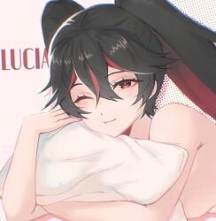 1girls bed black_hair blush closed_eye completely_nude female lucia_(punishing:_gray_raven) lying medium_breasts nude pillow punishing:_gray_raven red_eyes red_hair robot_girl solo twintails two_tone_hair