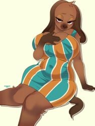 animal_crossing bea_(animal_crossing) big_breasts breasts canine cherrikissu female freckles fur furry hand_on_breast nintendo slightly_chubby thick_thighs video_games wide_hips