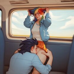 ai_generated closed_eyes cunnilingus hair_pulling human humanized my_little_pony oral partially_clothed rainbow_dash_(mlp) soarin_(mlp) train