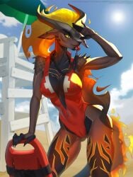 ansart anthro athletic athletic_anthro beach black_body blonde_hair bodysuit camel_toe clothing detailed_background dragon female fire hair hi_res horn lifeguard long_hair mythological_creature mythological_scalie mythology nipple_outline pompeii_(timberwolfl) scalie skiba613 skinsuit solo tight_clothing wingless_dragon yellow_eyes