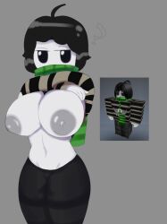 1girls areolae big_breasts black_hair breasts clothed exposed_breasts fungicrybaby nipples question_mark reference_image roblox roblox_avatar robloxian scarf shirt_lift showing_breasts tagme white_body white_skin