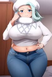 ai_generated big_breasts blue_jeans blush busty chubby creatures_(company) curvy female female_only game_freak hand_on_hip headwear hi_res highres jeans melony_(pokemon) navel nintendo pokemon pokemon_(game) pokemon_trainer scarf seraphim_ai smile solo stable_diffusion sweater tight_jeans