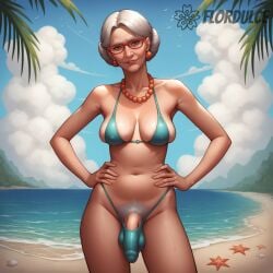 ai_generated balls barely_contained beach bikini brown_eyes earrings elder elderly elderly_female flaccid flaccid_penis flordulce futa_only futanari gilf glasses grandmother granny granny_cock granny_futa grey_hair grey_pubic_hair hands_on_hips jewelry necklace ocean old_woman outdoors penis pubic_hair seductive seductive_look seductive_smile solo_futa standing testicles water
