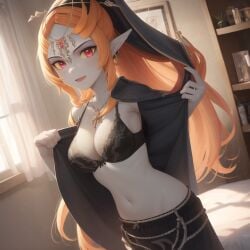 ai_generated big_breasts black_bra breasts clothing female female_only happy long_hair midna ruptuorie shorts solo the_legend_of_zelda twili_midna