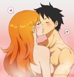 1boy 1boy1girl 1girls black_hair blush closed_eyes couple curvy curvy_female female gingerwff heart kissing long_hair male monkey_d_luffy muscular muscular_male nami nude one_piece orange_hair post-timeskip romantic scar short_hair sideboob spoken_heart sweat wholesome