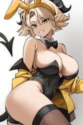 1girls big_breasts black_bunnysuit blonde_hair breasts bunnysuit cleavage fake_animal_ears female female_only hair hips huge_breasts legwear leotard nago_purin neckwear original original_character pointy_ears rakeemspoon short_hair smile solo solo_female susan_(rakeemspoon) tail thick_thighs thighhighs thighs yellow_eyes