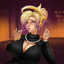 1girls blonde_hair cleavage_cutout dixieduckart fellatio_gesture looking_at_viewer mercy overwatch overwatch_2 solo sweater