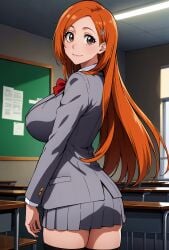 ai_generated artist_request black_thighhighs bleach blush breasts brown_eyes classroom desk female grey_skirt hair_ornament hairclip highres indoors inoue_orihime jacket large_breasts long_hair looking_at_viewer looking_back metadata_request miniskirt orange_hair pleated_skirt school_uniform skirt smile solo thighhighs