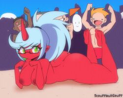 1girls animated areola areolae ass beach blue_hair breasts butt characters_in_the_background color colored completely_nude completely_nude_female cute demon feet female female_focus full_body gainax glasses green_eyes green_pupils hair hair_tie horn kneesocks_daemon laying laying_on_stomach light_blue_hair lying multiple_males naked naked_female nipples nude nude_female panty_&_stocking_with_garterbelt ponytail red_skin scruffmuhgruff single_horn solo_focus studio_trigger swaying swaying_hips thick_thighs thighs watermark white_sclera yellow_eyes