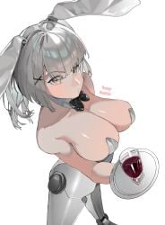 1girls blush bunny_ears bunnysuit female large_breasts looking_at_viewer platter punishing:_gray_raven robot_girl rosetta_(punishing:_gray_raven) solo standing white_hair wine wine_glass yellow_eyes