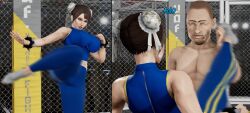 block blocking brown_eyes brown_hair chun-li clothed clothed_female fight fighter fighting fighting_ring hair_bun hair_buns kick kicking ronail street_fighter