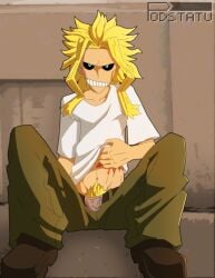 all_might blonde_hair blonde_pubic_hair lifted_shirt lifting_shirt looking_at_viewer male male_focus male_only my_hero_academia podstatu presenting pubic_hair slim smile smiling_at_viewer toshinori_yagi