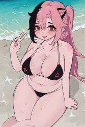 1girls ai_generated angelicyn beach bikini black_hair breasts chubby cleavage komewgi large_breasts light_skin multicolored_hair ocean outdoors peace_sign pink_hair ponytail public red_eyes solo split_color_hair stable_diffusion streamer thick_thighs twitch v