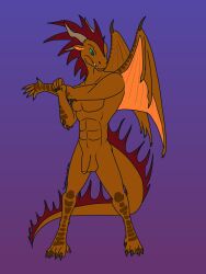 3:4 abs anthro digitigrade dragon fyreblazes genitals green_eyes hi_res horn humanoid_genitalia male mane muscular mythological_creature mythological_scalie mythology nude orange_body penis red_mane scalie solo stretching tail wings