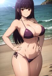 1girls ai_generated beach big_breasts big_thighs bikini breasts busty cleavage curvy female huge_breasts huge_thighs large_breasts large_thighs long_hair navel please_don't_bully_me,_nagatoro president_(nagatoro) red_eyes sana_sunomiya subaruarm swimsuit thick_thighs thighs voluptuous