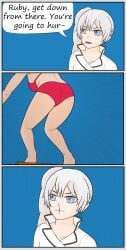 2girls ass bikini bikini_bottom bikini_top butt english_text female female_only human ironscrub multiple_girls nosebleed red_bikini red_bikini_bottom red_bikini_top ruby_rose rwby speech_bubble tagme_(character) text text_bubble weiss_schnee yuri