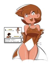 bangs breasts brown_eyes creatures_(company) eyelashes female fernal-scarlet game_freak gen_2_pokemon gym_leader jacket kasumi_(pokemon) large_breasts legs misty_(pokemon_gsc) nintendo one-piece_swimsuit orange_hair poke_ball pokemon pokemon_(game) pokemon_gsc shiny shiny_hair short_hair smile solo swimsuit thick_thighs thighs