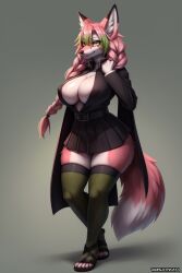 1girls ai_generated alternate_species anthro anthrofied beltskirt big_breasts braids cleavage demon_slayer female female_only fox fox_ears fox_girl fox_humanoid fox_tail foxgirl fur furry green_eyes green_hair kanroji_mitsuri kimetsu_no_yaiba large_breasts long_hair multicolored_hair no_bra pink_fur pink_hair pleated_skirt skirt snout solo stable_diffusion thighhighs thighs twin_braids two_tone_hair uniform wgenjoyr4539 white_fur