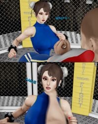 block brown_eyes brown_hair caught_off_guard chun-li clothed clothed_female fighting_ring grabbing grabbing_neck hair_bun hair_buns kick ronail street_fighter suprised suprised_expression suprised_eyes suprised_look