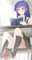 1boy black_skirt black_socks blue_hair blush book censored closed_mouth commentary_request commission convenient_leg cum cum_on_clothes cum_on_legs cum_on_socks eyelashes female footjob footjob_with_legwear foreshortening from_below highres hinuma_yuuri holding holding_book indoors kneehighs long_hair moonlight_~omoide_no_hajimari~ mosaic_censoring no_shoes nose_blush open_book otsumami_(02mami) penis purple_eyes reading school_uniform sidelocks skeb_commission skirt smile sock_fetish sockjob socks solo_focus split_mouth straight straight_hair sweatdrop two-footed_footjob