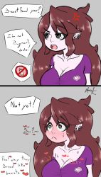 annoyed annoyed_expression blush brown_hair dialogue heart heart-shaped_pupils heartbeat imminent_impregnation imminent_sex jaiden jaiden_animations jaidenanimations maoricl tagme text youtube