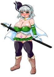 boots cleavage female huge_ass huge_breasts keinoyounamono midriff thick_thighs thighhighs touhou wide_hips youmu_konpaku