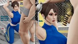 brown_eyes brown_hair censored censored_penis chun-li clothed clothed_female clothed_female_nude_male dialogue fighting_ring hair_bun hair_buns holding_arms imminent_oral naked naked_male nude nude_male nude_male_clothed_female penis pubic_hair restrained restrained_arms restraining ronail smegma street_fighter text