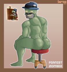 absurd_res anthro ass beard chair clothing electronic_arts facial_hair furniture green_body hat headgear headwear hi_res humanoid male moustache muscular muscular_male nude plants_vs._zombies plants_vs_zombies plants_vs_zombies_2:_it's_about_time popcap_games sartex simple_background sitting smile smiling_at_viewer solo teeth text undead zombie