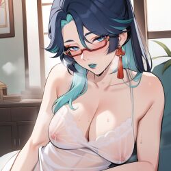 1girls ai_generated blue_lipstick breasts genshin_impact glasses green_eyes green_hair lipstick looking_at_viewer mature_female milf nai_diffusion nipples no_bra red-tinted_eyewear seductive see-through see-through_clothing solo stable_diffusion sweat sweating xianyun_(genshin_impact)