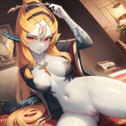 ai_generated big_breasts black_sports_bra breasts clothing female female_only happy long_hair midna ruptuorie shorts solo the_legend_of_zelda twili_midna