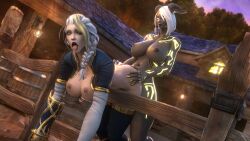 1futa 1girls 3d ahe_gao bent_over doggy_style draenei female from_behind futa_on_female futanari grabbing_ass human human_(world_of_warcraft) jaina_proudmoore leggings lightforged_draenei nipple_piercing standing standing_sex world_of_warcraft zentaeron