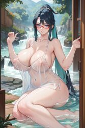 1girls ai_generated ass black_hair blue_eyes blush curvy dtz_(artist) earrings female genshin_impact glasses huge_breasts long_hair looking_at_viewer navel nipples ponytail transparent_clothing voluptuous xianyun_(genshin_impact)