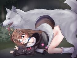 1animal 1girls ahoge anal bent_over black_clothing black_hoodie blue_collar blue_eyes blue_neckwear blush bottomless brown_eyes brown_hair canine clothing collar d-pad d-pad_hair_ornament dog_ears dog_girl dog_tail e-sekai feral feral_on_female feral_on_humanoid feral_penetrating feral_penetrating_female feral_penetrating_humanoid footwear forest forest_background gopogopo hair_ornament heart hoodie idol-en idol_corp light-skinned_female light_skin long_hair multicolored_eyes neckwear on_all_fours open_mouth outside pochi_wanmaru pochi_wanmaru_(2nd_design) shoes small_pupils socks teeth tongue tongue_out tree trees vaginal_penetration virtual_youtuber vtuber white_clothing white_fur wolf wolf_on_humanoid zoophilia