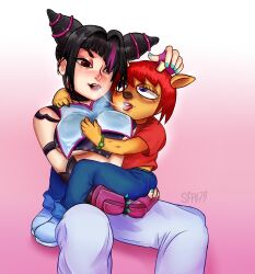 2girls anthro anthro_on_human blush breast_grab breasts clothing crossover cuddle cuddling cuts dominant female human_on_anthro human_on_anthro_romance implied_kiss juri_han kissing lammy_lamb lesbian lesbian_kiss multiple_girls parappa_the_rapper passionate_kiss saliva scar sfp479 sitting_on_lap street_fighter submissive tongue_out um_jammer_lammy weird_crossover wristwear yuri