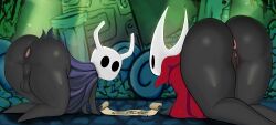 absurd_res animal_humanoid anus arthropod arthropod_humanoid ass balls bent_over big_ass big_butt cape cloak detailed_background duo female genitals hi_res hollow_knight horn hornet_(hollow_knight) humanoid insect_humanoid insects looking_at_viewer looking_back looking_down male male/female map on_all_fours perineum presenting presenting_hindquarters presenting_pussy protagonist_(hollow_knight) pussy red_cape siblings team_cherry thehonestrival thick_ass thick_thighs video_games wide_hips