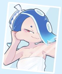 2024 arm_on_head bedroom_eyes big_breasts black_eyelashes blue_eyebrows blue_hair breasts digital_media_(artwork) ear_piercing headwear hi_res light-skinned_female light_skin photo_background posing_for_picture posing_for_the_viewer red_eyes shiver_(splatoon) shiver_hohojiro shower smiling smiling_at_viewer splatoon splatoon_(series) splatoon_3 taking_picture tentacle tentacle_hair towel towel_around_waist towel_over_breasts whichdoll