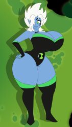 alien alien_girl alien_humanoid aystrid ben_10 ben_10_alien_force ben_tennyson blue_body blue_skin breasts breasts_bigger_than_head cleavage curvaceous curvy curvy_body curvy_female curvy_figure gender_transformation genderswap_(mtf) green_background green_eyes jeppa112 large_breasts leotard omnitrix rule_63 tattoo tight_clothes tight_clothing white_hair