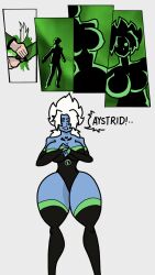 alien alien_girl alien_humanoid aystrid ben_10 ben_10_alien_force ben_tennyson blue_body blue_skin cleavage comic_panel curvaceous curvy curvy_body curvy_female curvy_figure flame_daddy69 gender_transformation genderswap genderswap_(mtf) green_background green_eyes large_breasts leotard omnitrix rule_63 tattoo tight_clothes tight_clothing transformation_sequence white_background white_hair