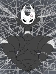 3:4 animal_humanoid annoyed anthro anus arachnid arachnid_humanoid areola arthropod arthropod_humanoid arthropod_webbing ass barefoot black_areola black_body bound breasts feet female front_view hands_behind_head hands_tied hi_res hollow_knight horn horned_humanoid hornet_(hollow_knight) humanoid insect_humanoid insects legs_tied looking_at_viewer mask membrane_(anatomy) navel nipples nude signature simple_background solo spider spider_humanoid spider_web spread_legs spreading team_cherry thick_thighs toes toni_oni web_bondage