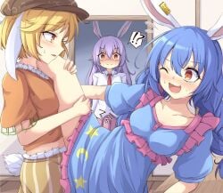 !? 3girls ;d @_@ animal_ears arm_support blue_clothing blue_dress blue_hair blush braid breasts brown_headwear buttons cabbie_hat caught_in_the_act closed_mouth collarbone collared_shirt commentary_request doorway dress dry_humping ear_clip ear_stud ear_tag ears floppy_ears frills hat highres humping leg_grab legs light_purple_hair lilac_hair long_ears long_hair medium_breasts meme midriff midriff_peek misunderstanding multiple_girls necktie neko_mata newsboy_cap oerba_yun_fang one_eye_closed open_mouth orange_clothing orange_shirt parted_bangs pink_inner_ear pink_skirt pleated_skirt puffy_short_sleeves puffy_sleeves rabbit_ears rabbit_tail red_eyes red_necktie reisen_udongein_inaba ringo_(touhou) seiran_(touhou) sexually_suggestive shaded_face shirt short_hair short_sleeves short_tail shorts skin_fang skirt smile standing striped_clothes striped_shorts sweatdrop table tail tears thighs touhou translucent_hair twin_braids walk-in white_ears white_shirt white_tail wing_collar wooden_floor wooden_table yellow_shorts yuri