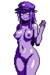 ai_generated female five_nights_at_freddy's hat naked nipples nude pixai pixel_art purple_girl purple_guy_(fnaf) purple_hair purple_hat purple_skin solo ultimate_custom_night wendy_afton white_eyes white_pupils william_afton