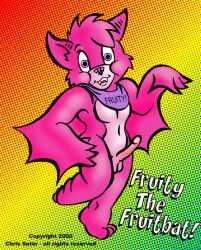 1boy 2000 anthro bat chris_sutor fangs flamboyant furry genitals leg_up limp_wrist male male_focus male_only neckerchief penis pink_body pink_fur pointy_ears purple_eyes purple_nose sharp_teeth solo solo_male testicles wings