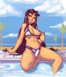 1girls 2024 beach_background bikini blackfire blush breasts cartoon_network dc dc_comics female female_focus female_only flashing flashing_breasts foot_in_water heart komand'r l0ngsword long_hair looking_at_viewer navel nipples pierced_nipples pool poolside purple_bikini purple_eyes purple_hair solo striped_bikini striped_swimsuit swimsuit teen_titans thick_thighs thighs water white_bikini